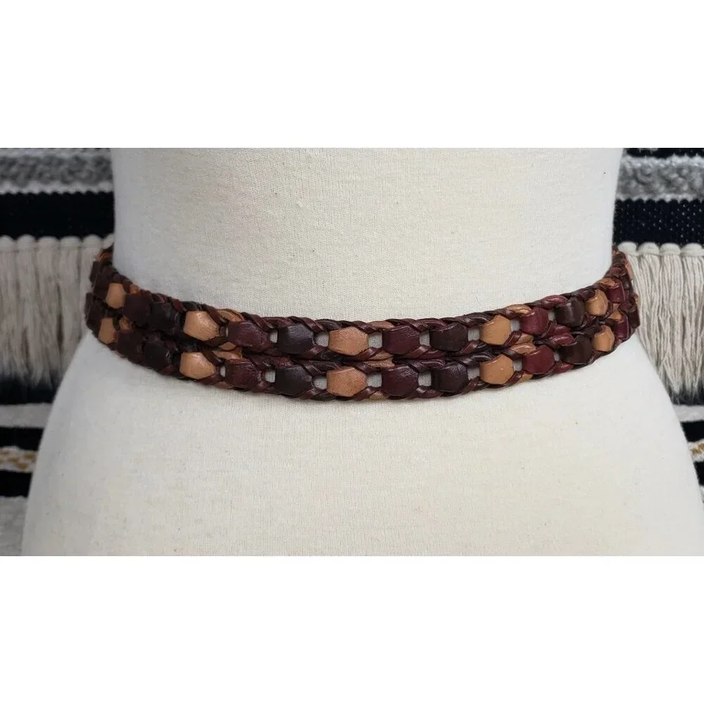 Talbots Italian Leather Braided Belt M Brown Tan Woven Brass Buckle